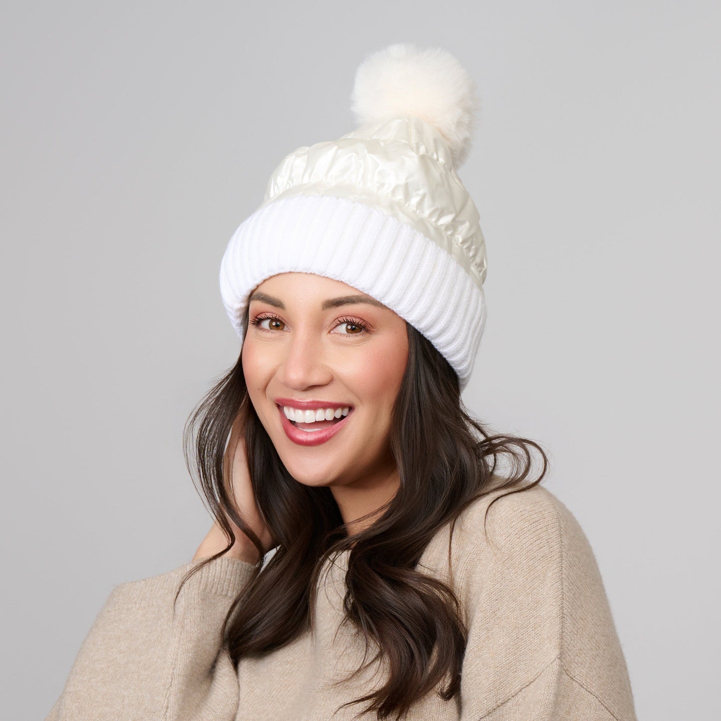 Bianca Metallic Puffer Pom Beanie