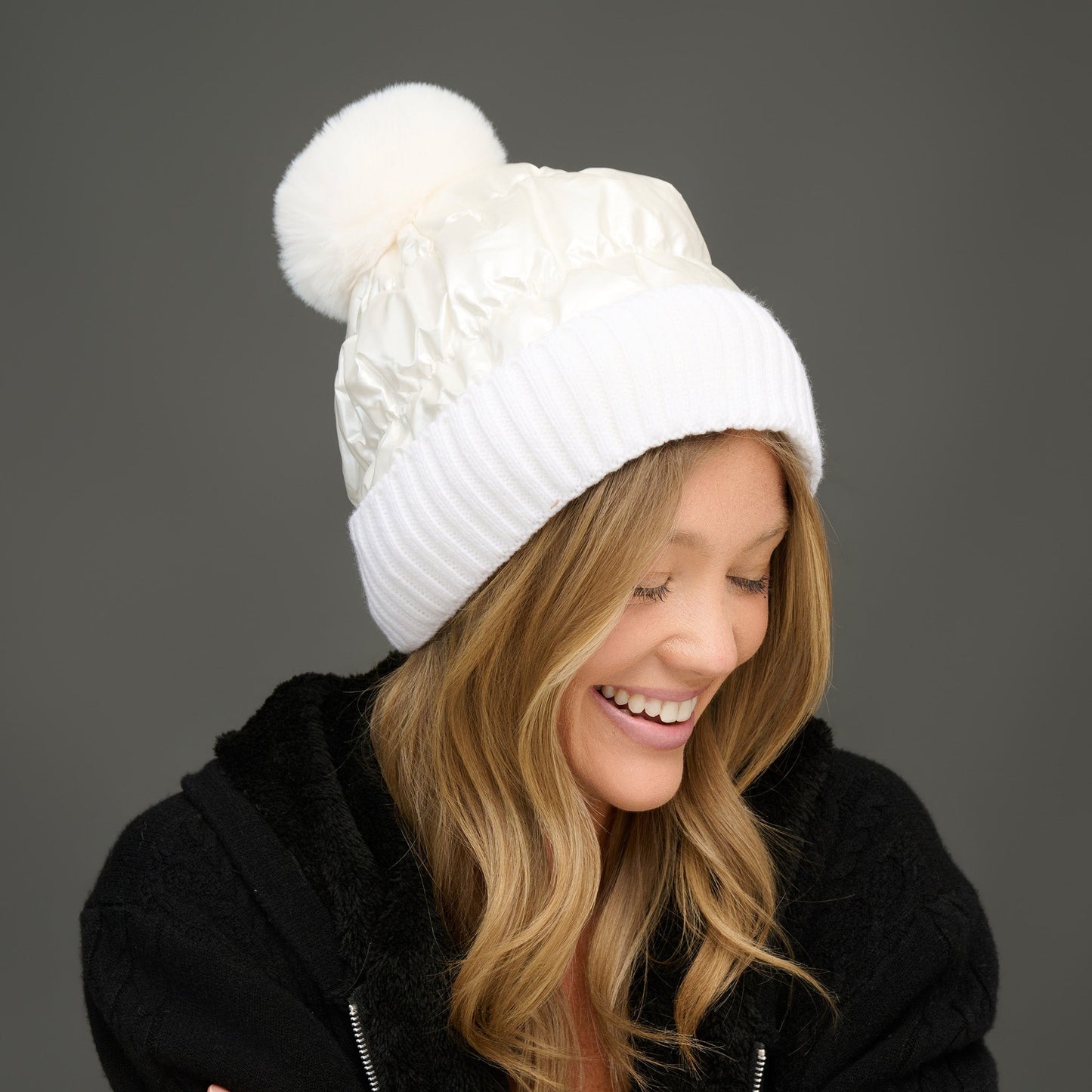 Bianca Metallic Puffer Pom Beanie