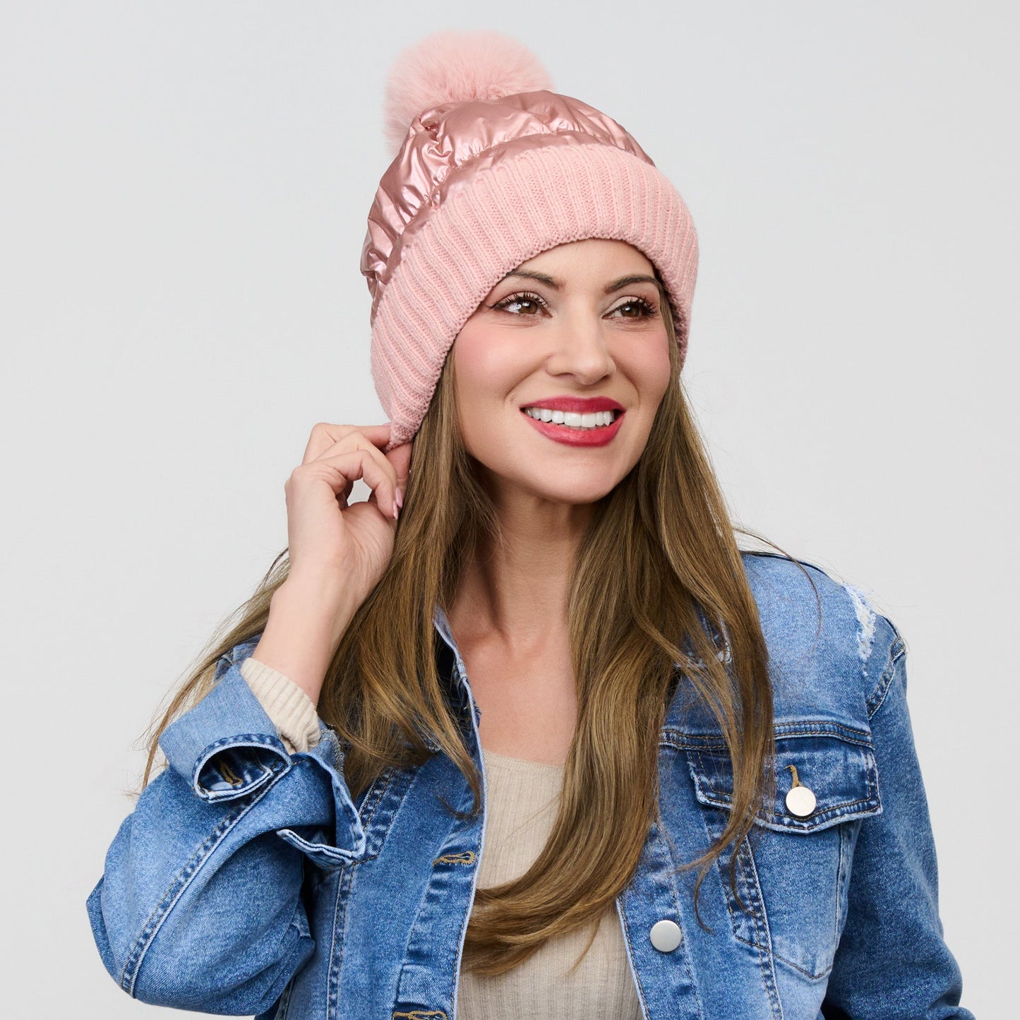Bianca Metallic Puffer Pom Beanie