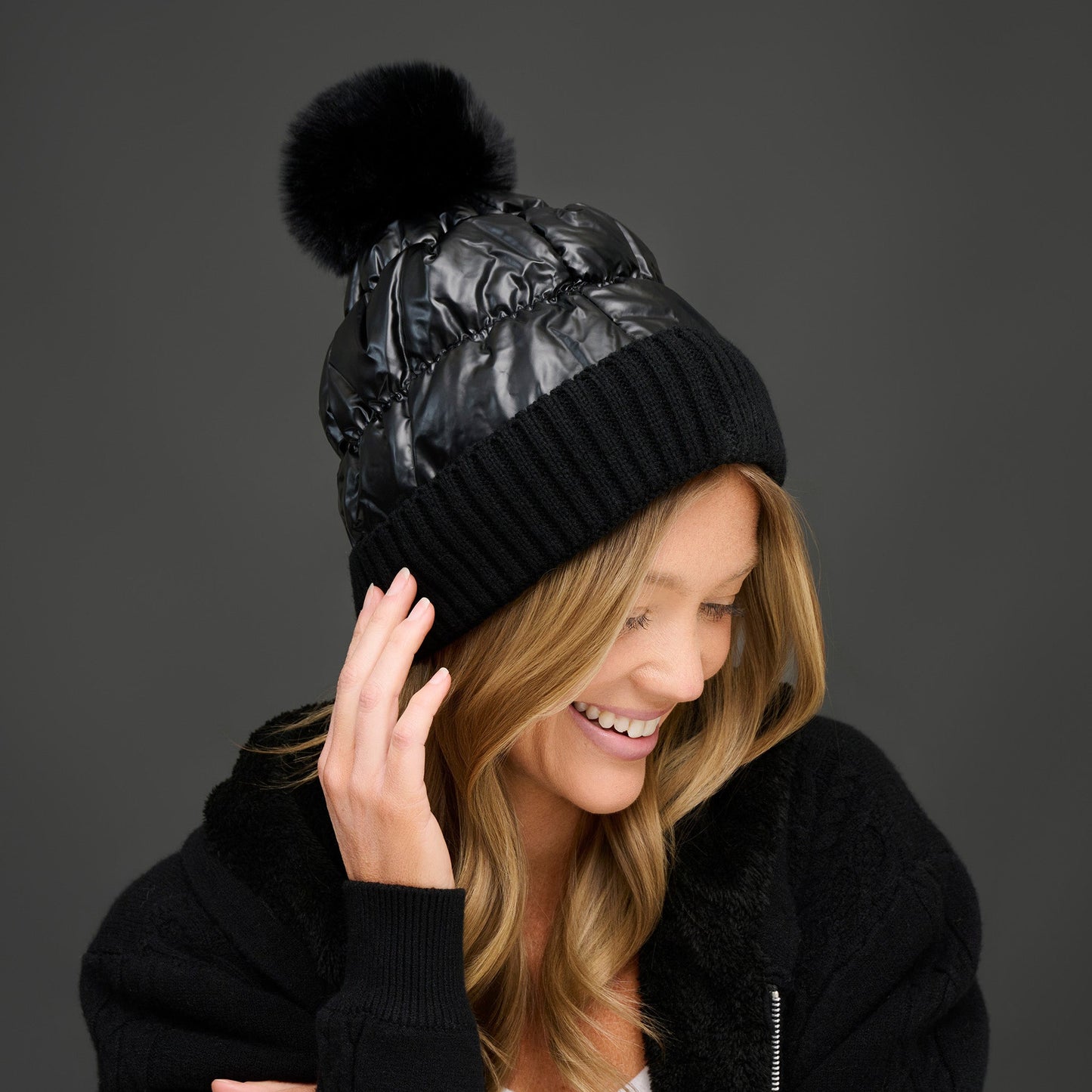 Bianca Metallic Puffer Pom Beanie