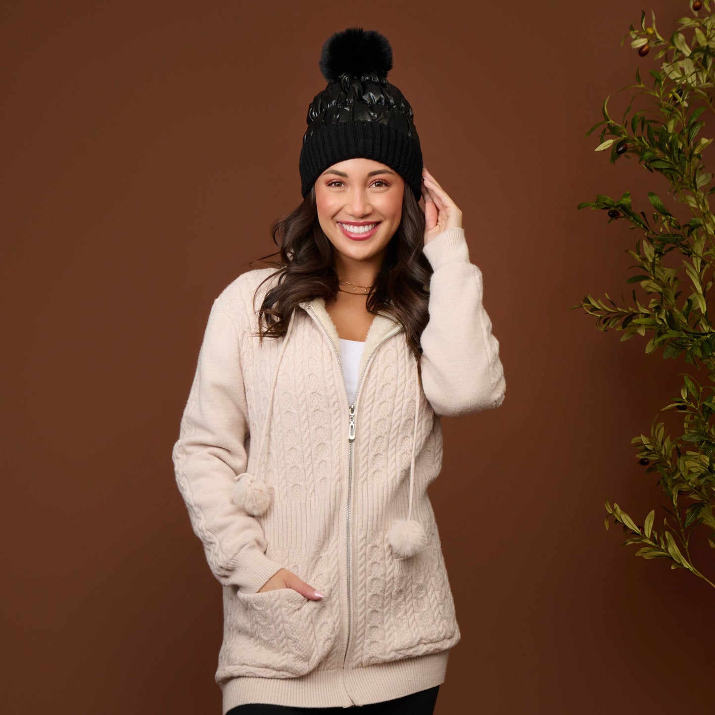 Bianca Metallic Puffer Pom Beanie