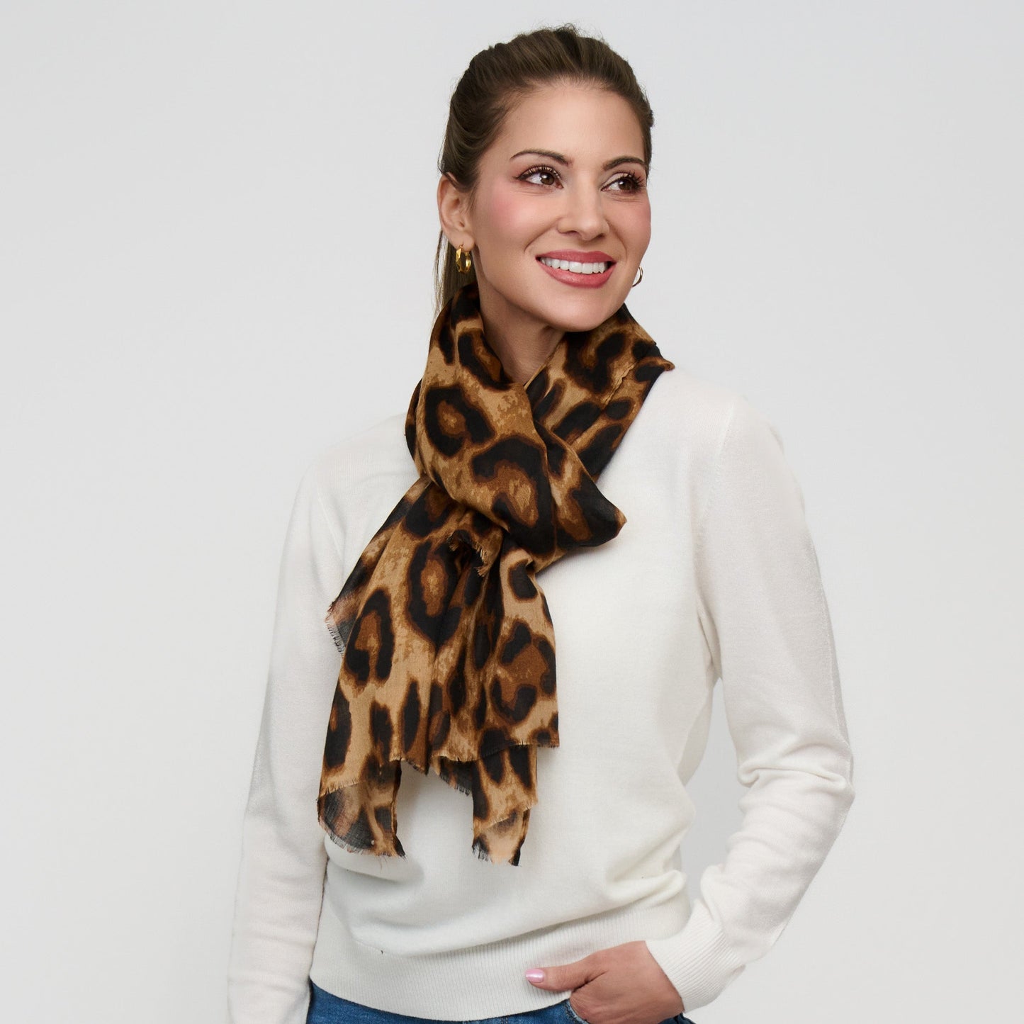 Arden Leopard Print Raw Edge Lightweight Scarf