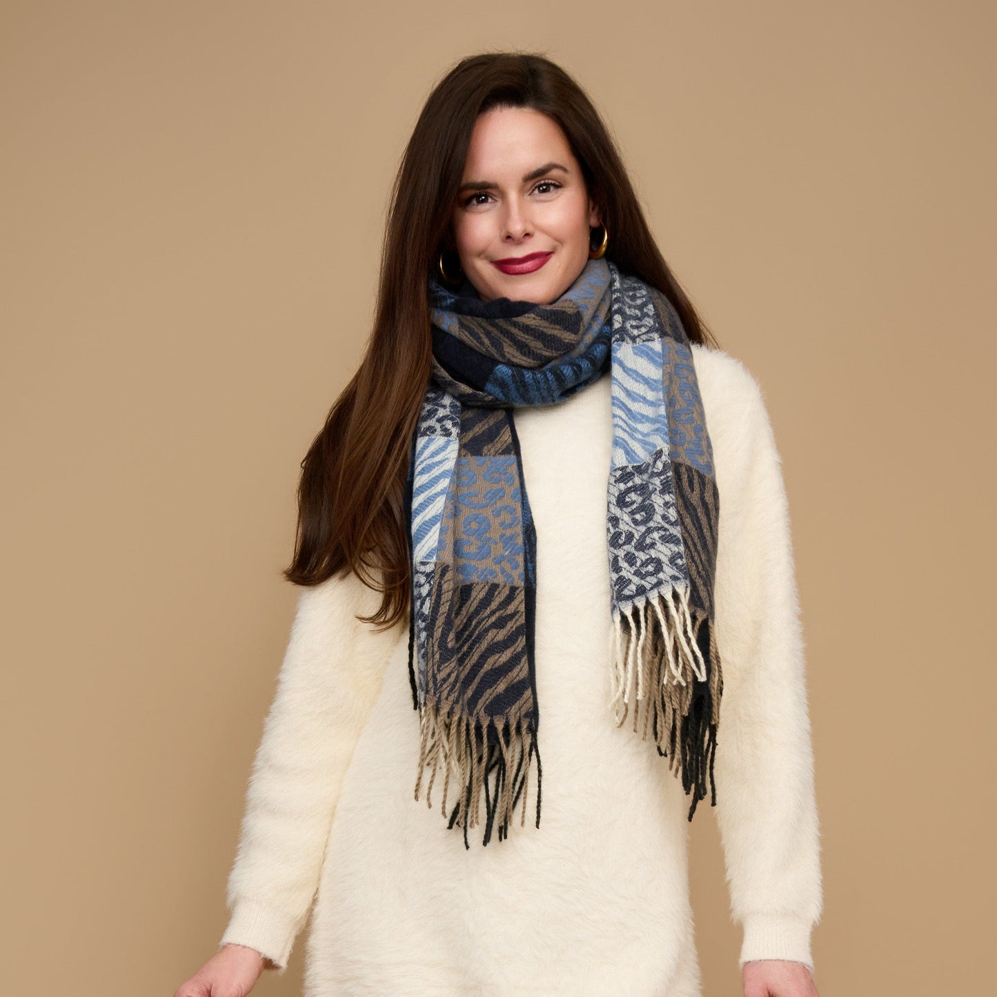 Leni Animal Print Plaid Fringe Scarf