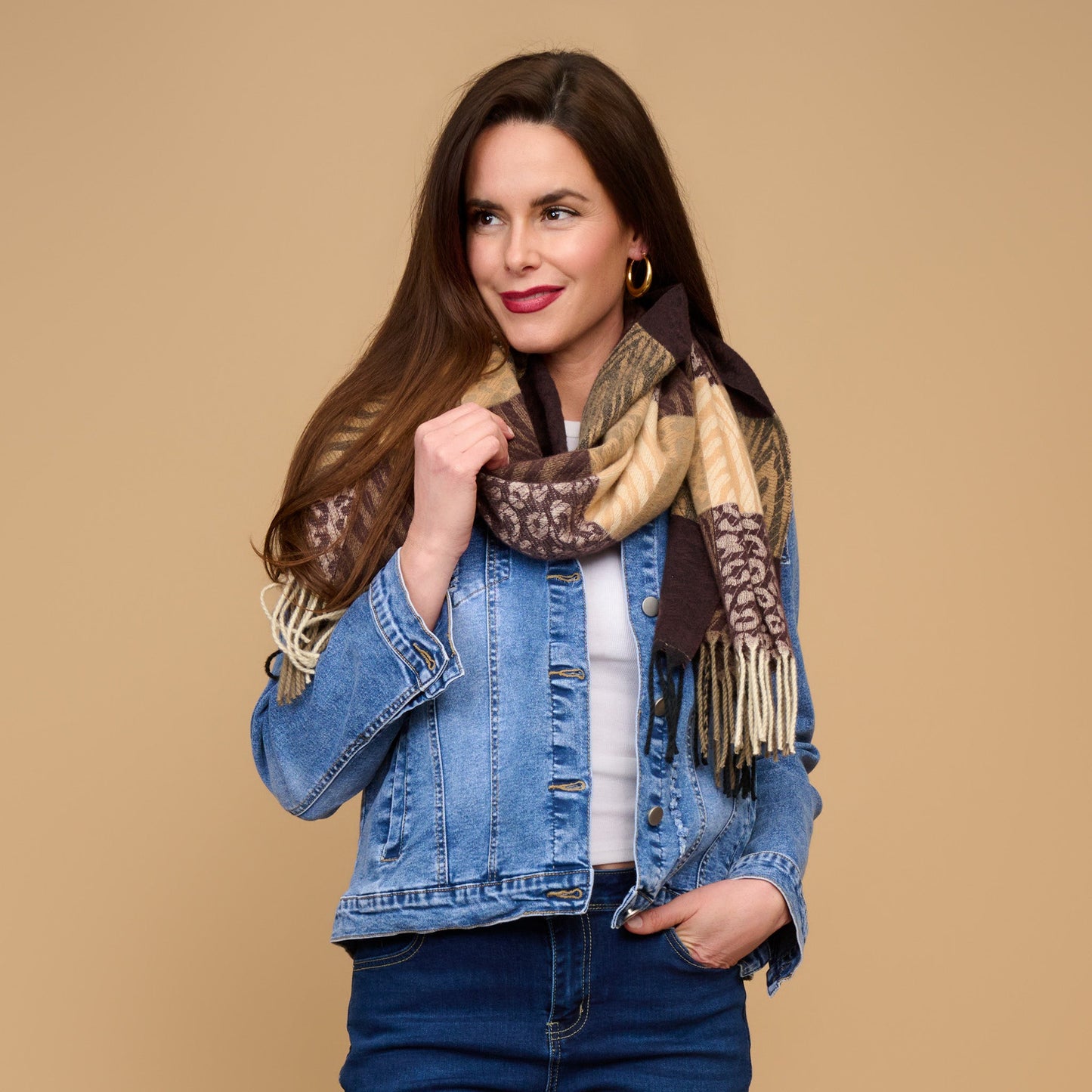 Leni Animal Print Plaid Fringe Scarf