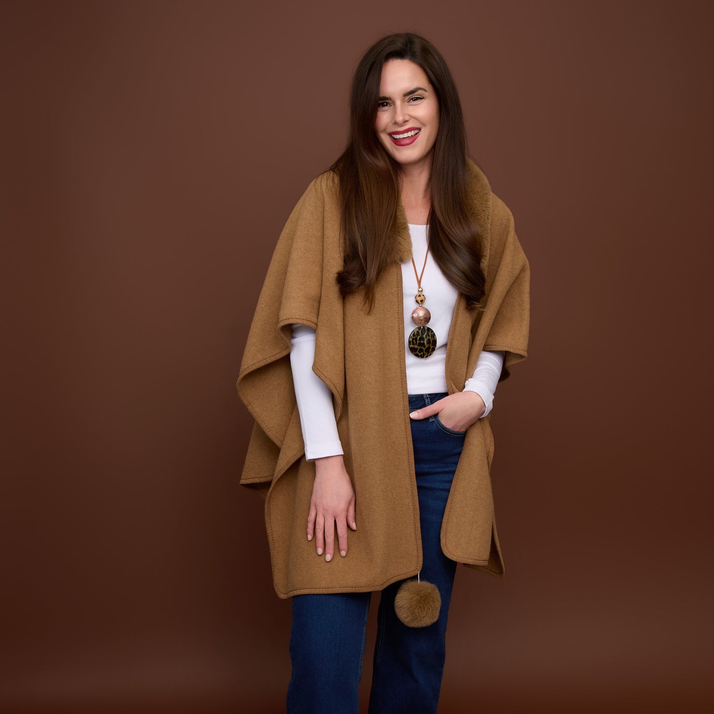 Kelsie Faux Fur Collar Open Front Wrap