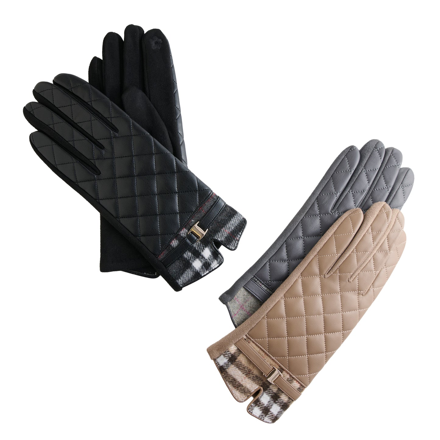 6 Piece Vivi Plaid Trim Quilted Vegan Leather Glove Assortment