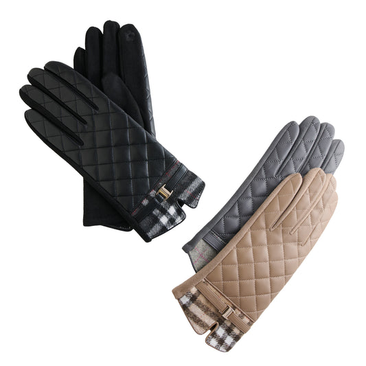 6 Piece Vivi Plaid Trim Quilted Vegan Leather Glove Assortment