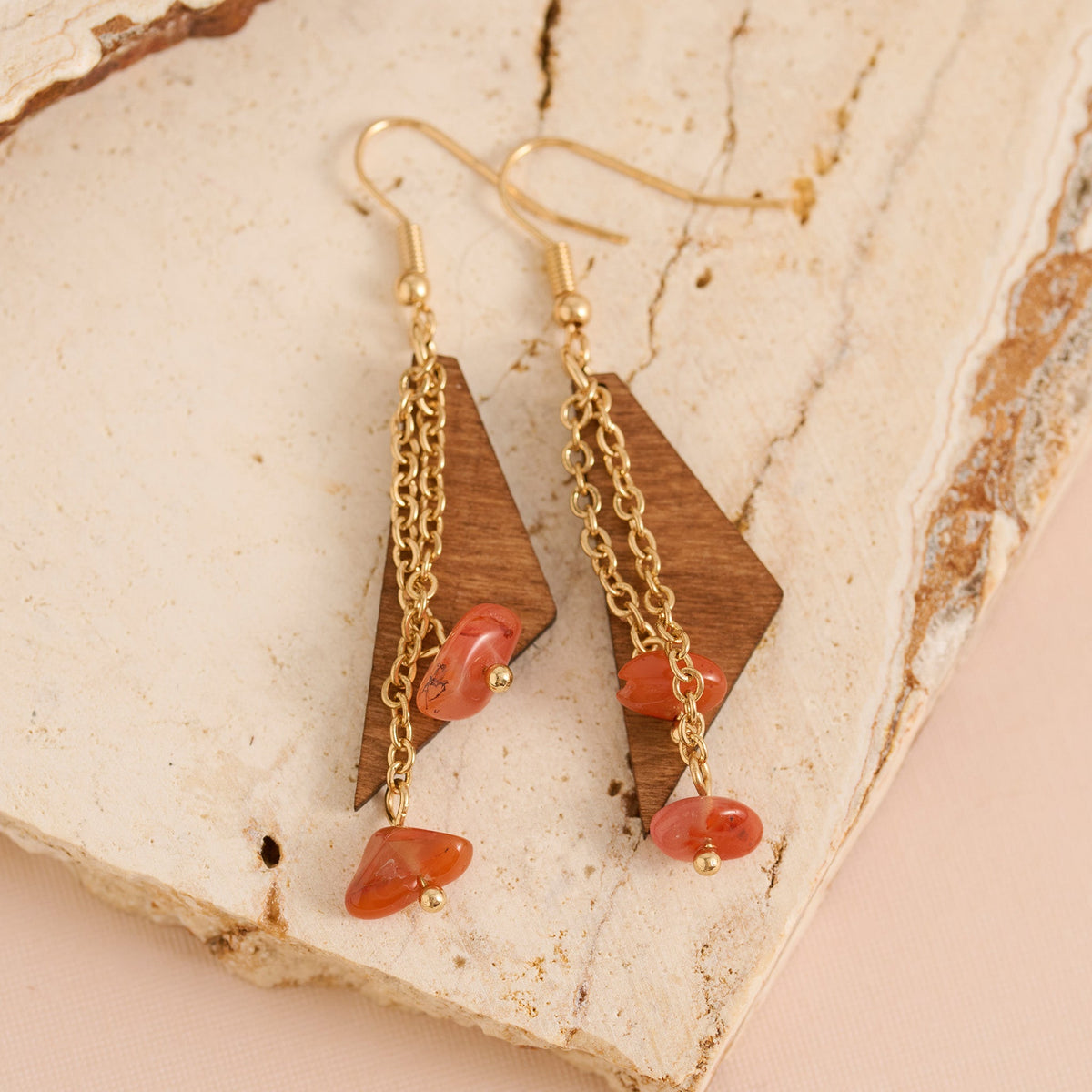 Wild Spirit Wooden Triangle Genuine Red Jasper Stone Earrings