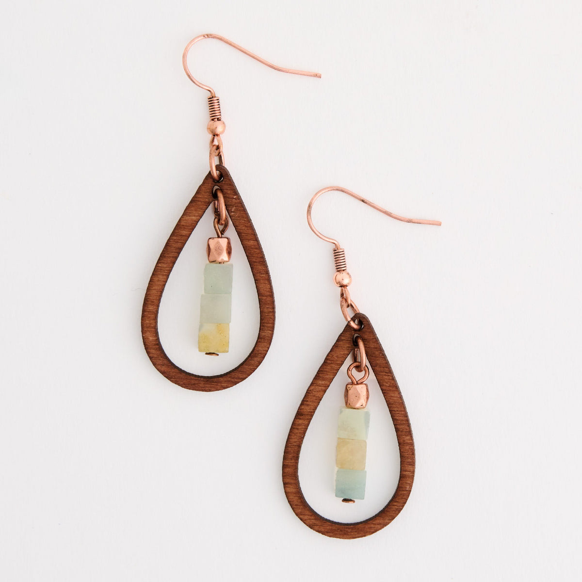 Wild Spirit Wooden Open Teardrop Genuine Amazonite Stone Earrings