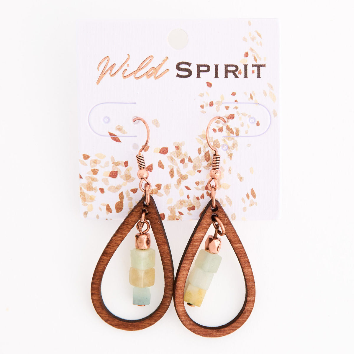 Wild Spirit Wooden Open Teardrop Genuine Amazonite Stone Earrings