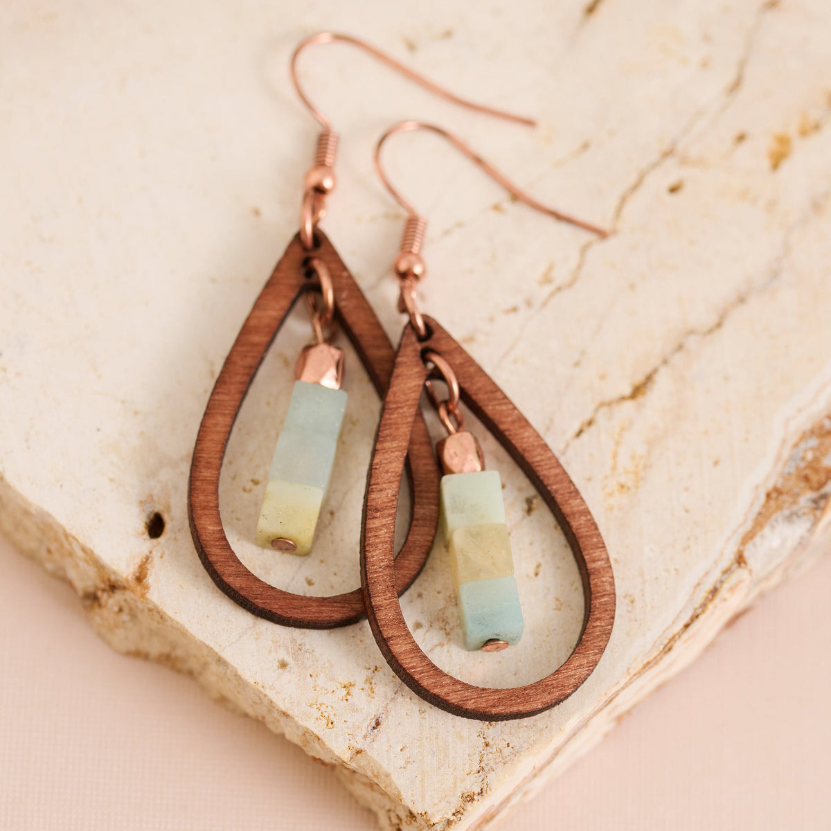 Wild Spirit Wooden Open Teardrop Genuine Amazonite Stone Earrings