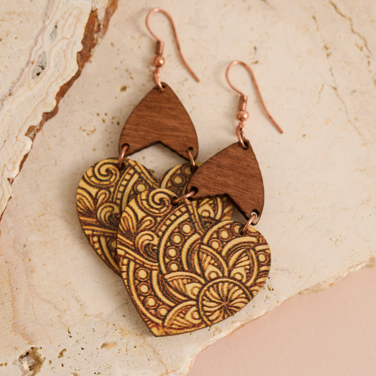 Wild Spirit Wooden Boho Floral Heart Earrings