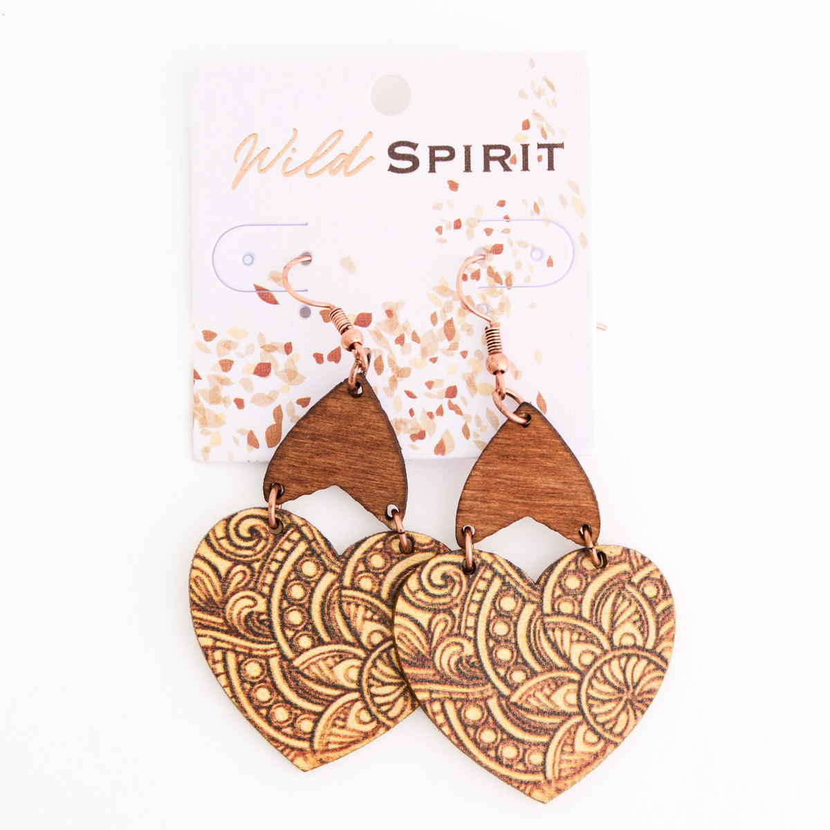 Wild Spirit Wooden Boho Floral Heart Earrings