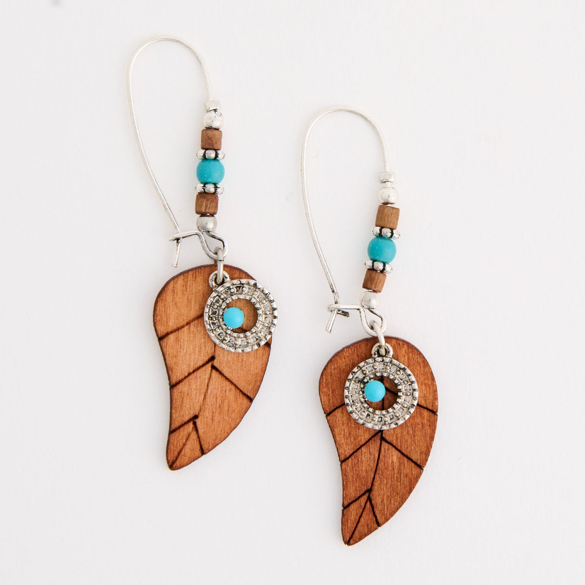 Wild Spirit Wooden Leaf Genuine Turquoise Stone Earrings