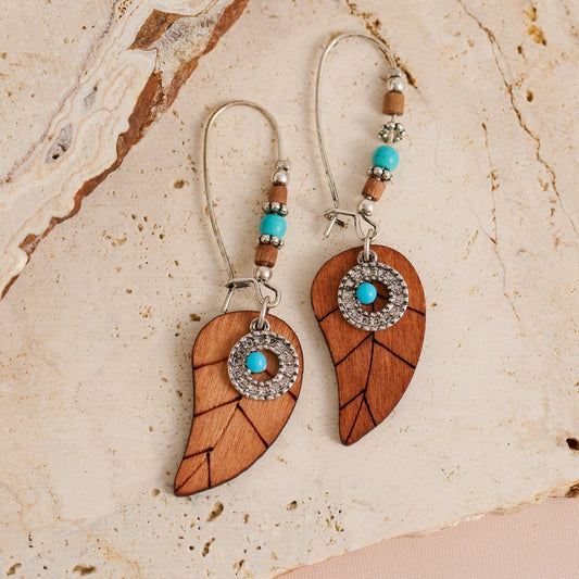 Wild Spirit Wooden Leaf Genuine Turquoise Stone Earrings