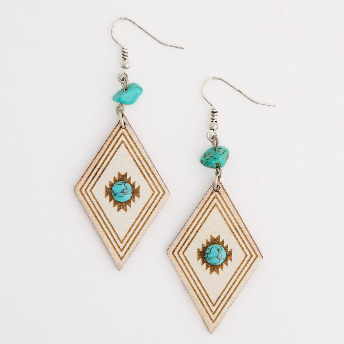 Wild Spirit Wooden Diamond Genuine Turquoise Stone Earrings