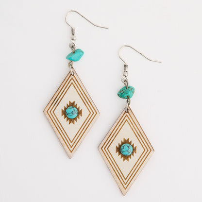 Wild Spirit Wooden Diamond Genuine Turquoise Stone Earrings
