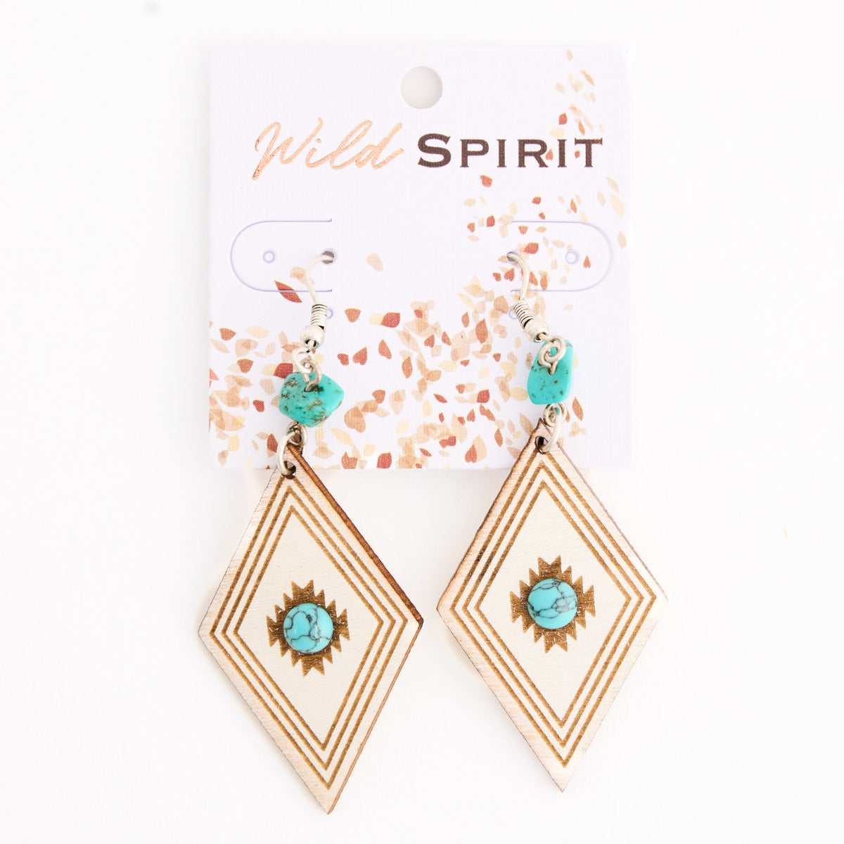 Wild Spirit Wooden Diamond Genuine Turquoise Stone Earrings