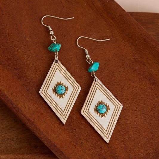 Wild Spirit Wooden Diamond Genuine Turquoise Stone Earrings