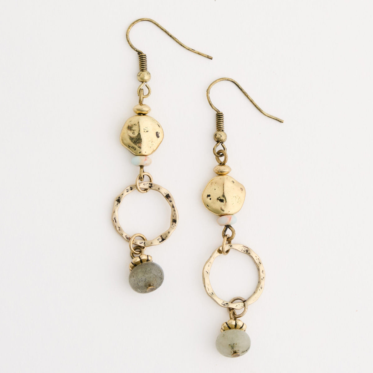 Wild Spirit Hammered Hoop Genuine Labradorite Stone Drop Earrings