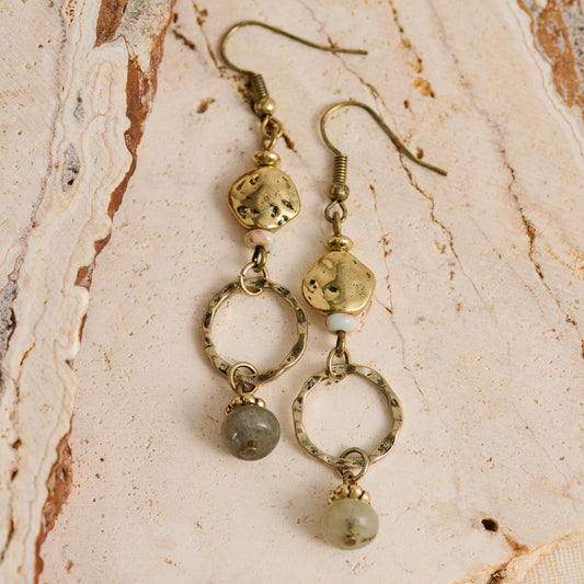 Wild Spirit Hammered Hoop Genuine Labradorite Stone Drop Earrings