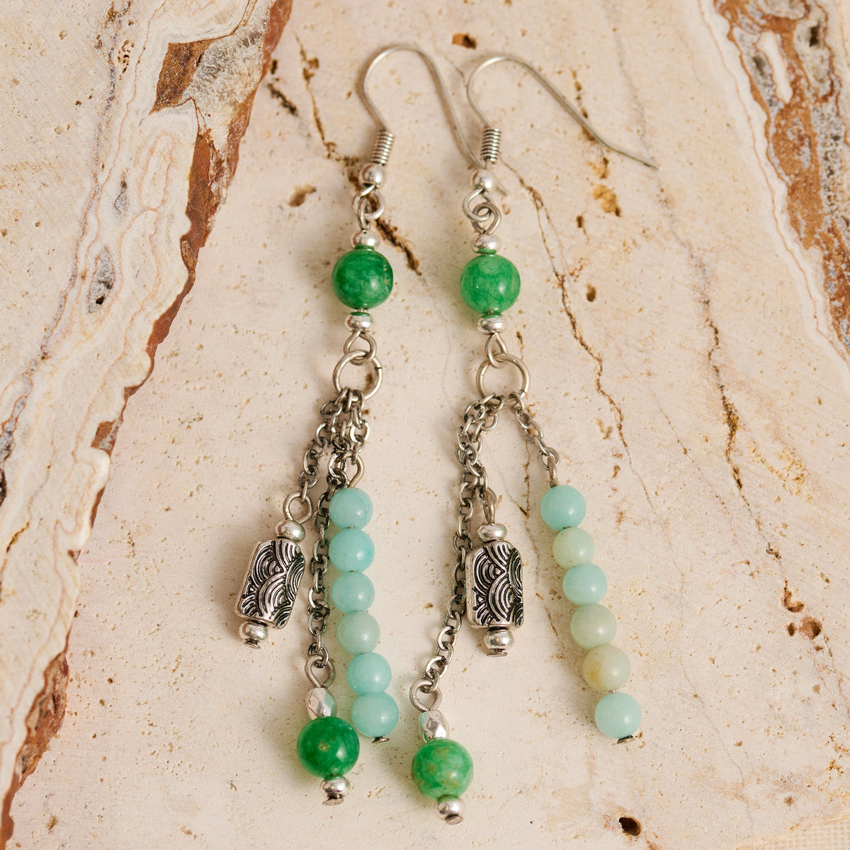 Wild Spirit Genuine Green Aventurine and Amazonite Stone Chandelier Earrings