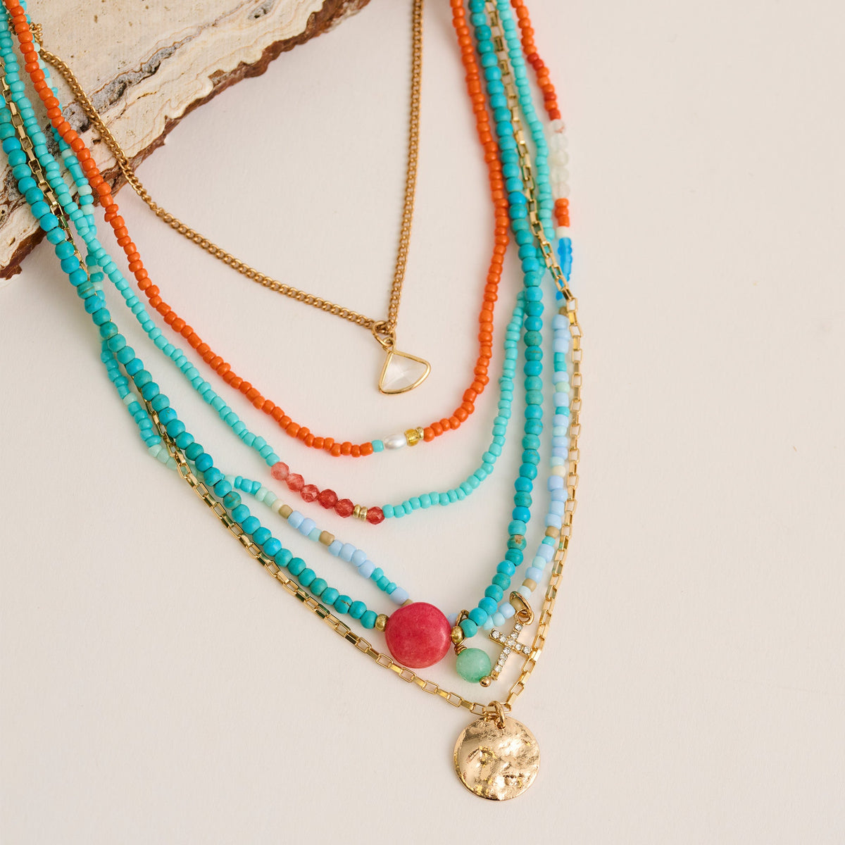 Cassidy Layered Multi Strand Genuine Stone Charm Pendant Necklace