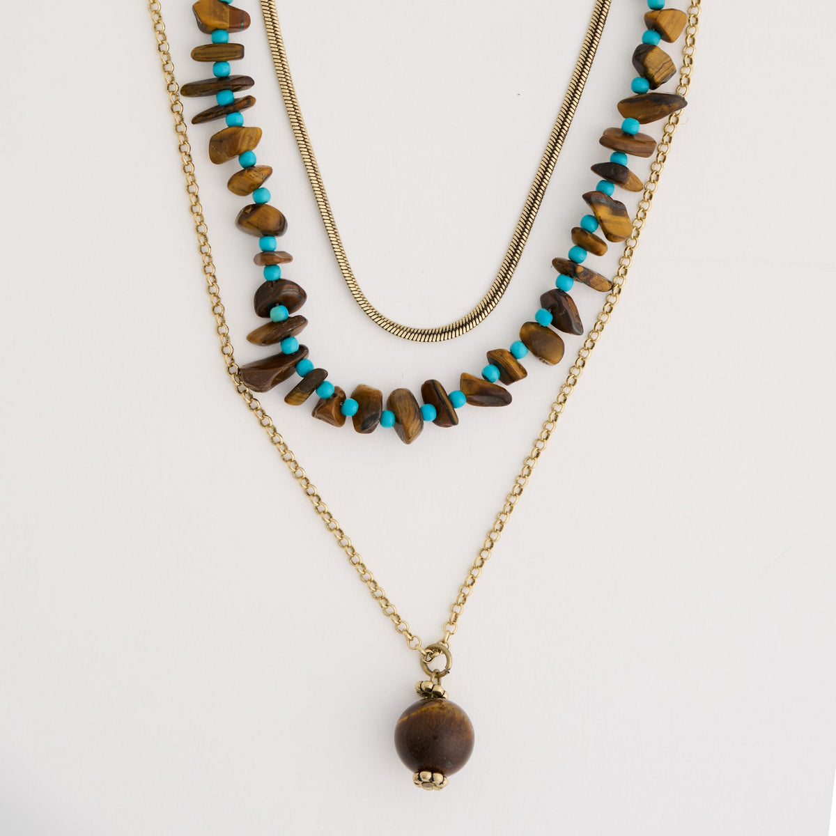 Eva Layered Genuine Turquoise & Tiger's Eye Stone Pendant Necklace