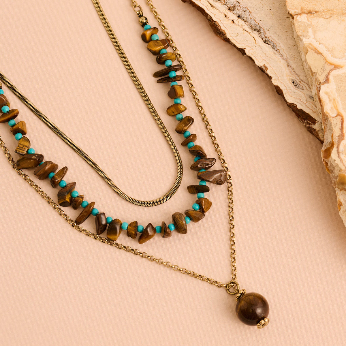 Eva Layered Genuine Turquoise & Tiger's Eye Stone Pendant Necklace