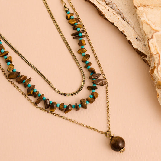 Eva Layered Genuine Turquoise & Tiger's Eye Stone Pendant Necklace