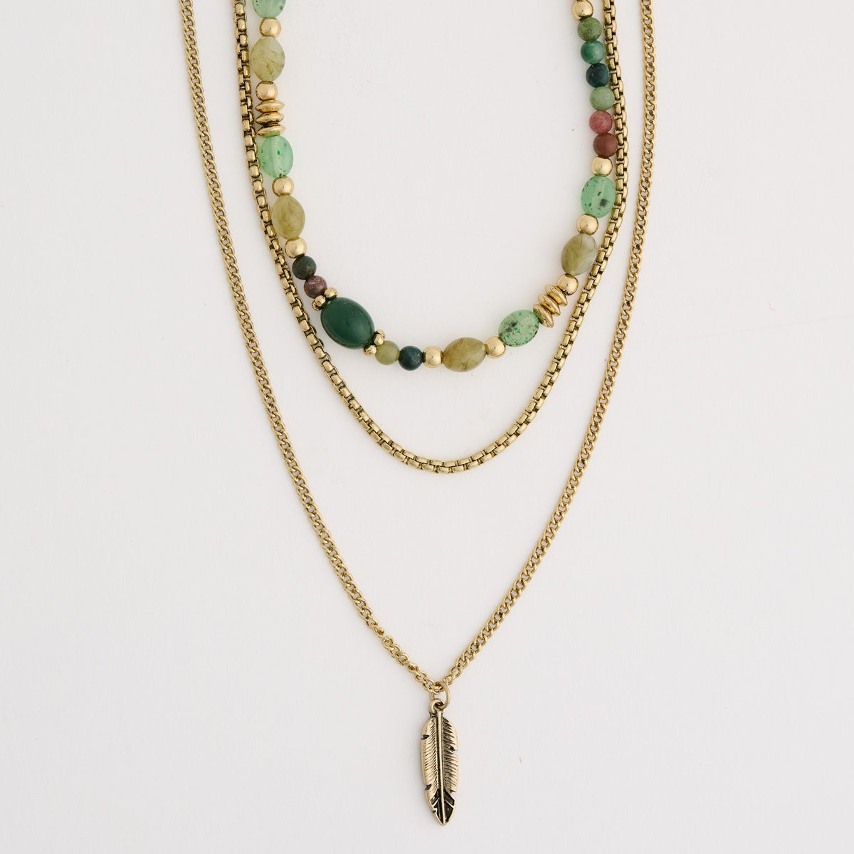Hallie Layered Genuine Indian Agate Stone Feather Pendant Necklace