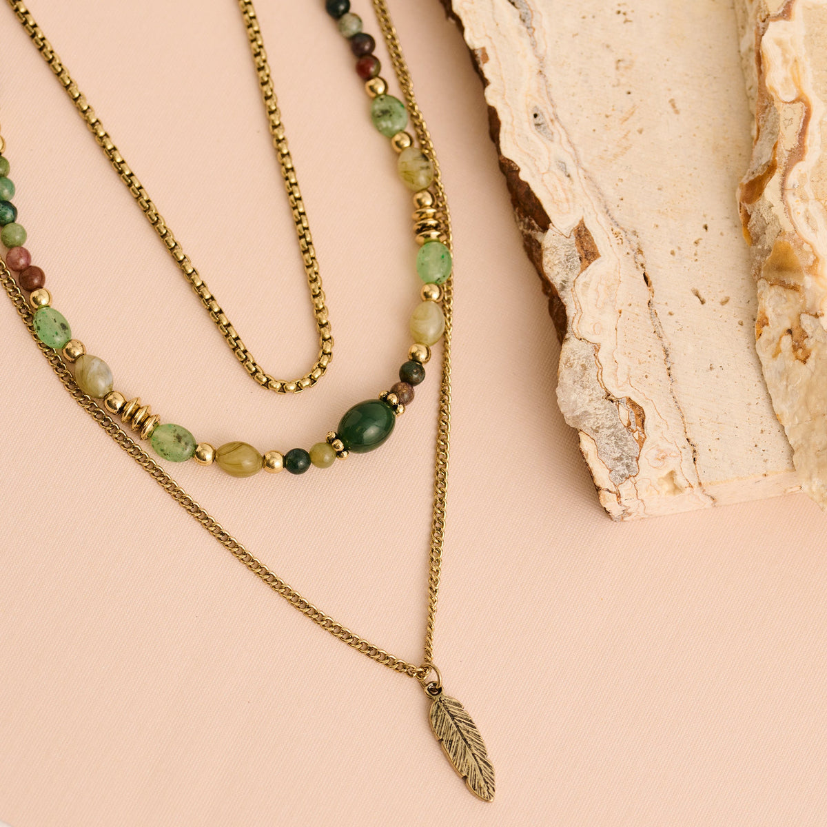 Hallie Layered Genuine Indian Agate Stone Feather Pendant Necklace