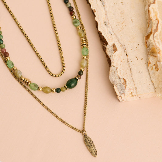 Hallie Layered Genuine Indian Agate Stone Feather Pendant Necklace