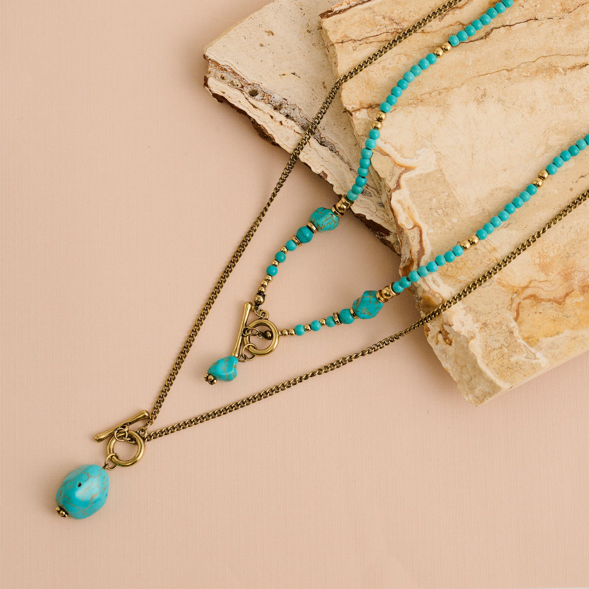 Indie Layered Chunky Genuine Turquoise Stone Pendant Necklace
