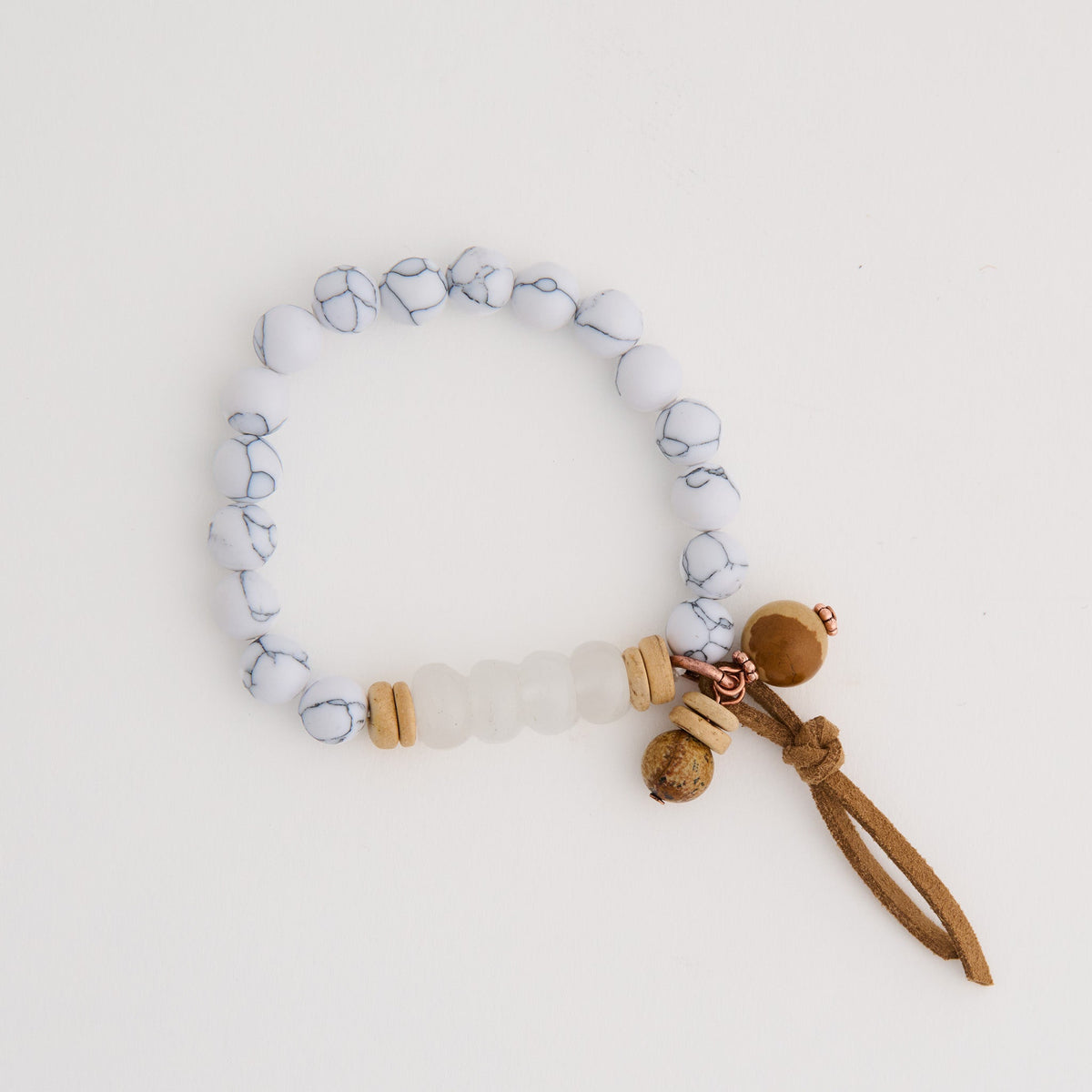 Hayden Genuine Picture Jasper Stone Beaded Leather Tassel Stretch Bracelet
