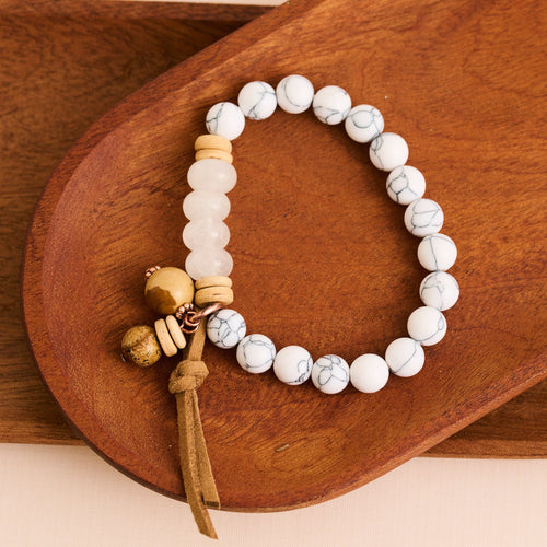 Hayden Genuine Picture Jasper Stone Beaded Leather Tassel Stretch Bracelet