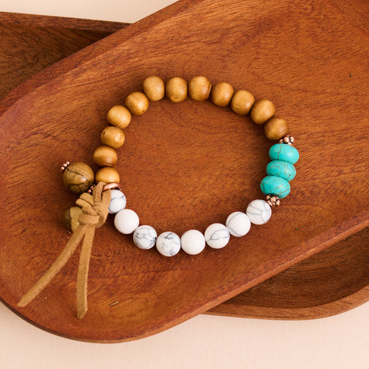Hayden Genuine Picture Jasper Stone Beaded Leather Tassel Stretch Bracelet
