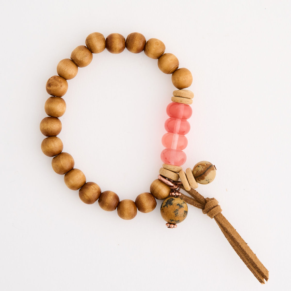 Hayden Genuine Picture Jasper Stone Beaded Leather Tassel Stretch Bracelet