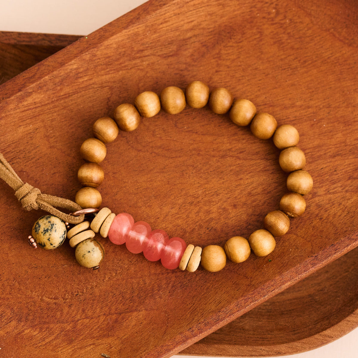 Hayden Genuine Picture Jasper Stone Beaded Leather Tassel Stretch Bracelet