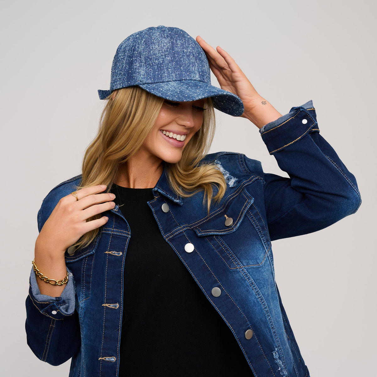 Cora Printed Denim Rhinestone Baseball Cap