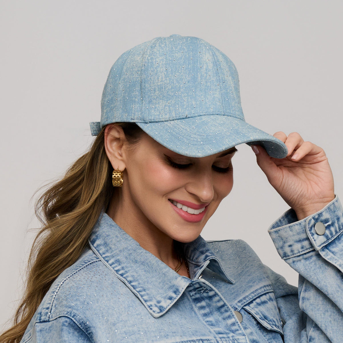 Cora Printed Denim Rhinestone Baseball Cap