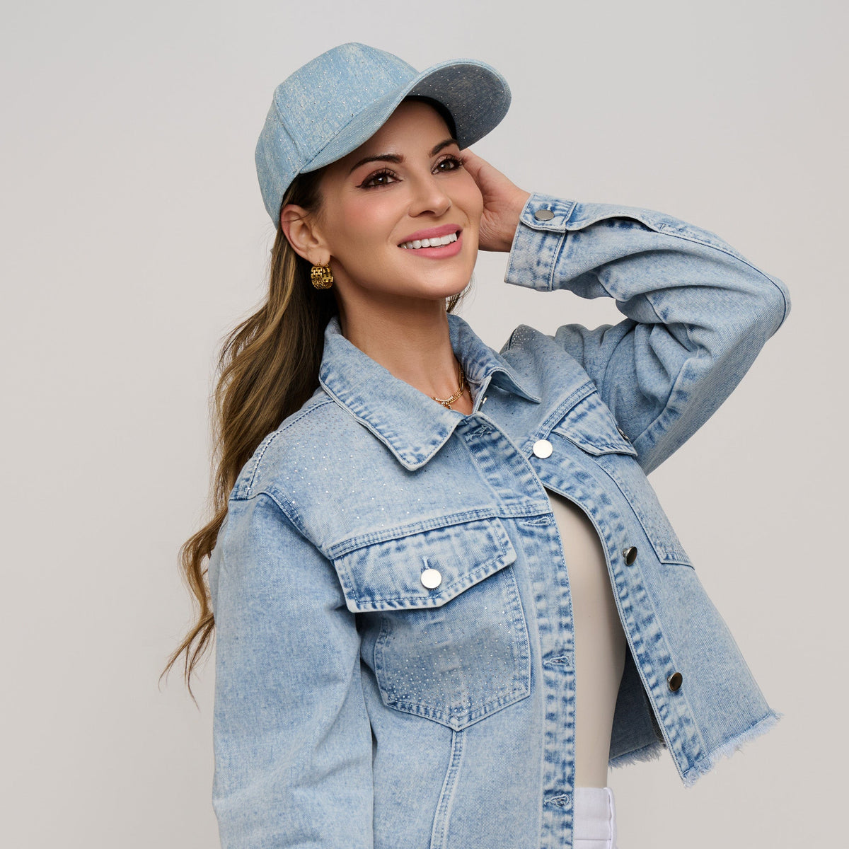 Cora Printed Denim Rhinestone Baseball Cap
