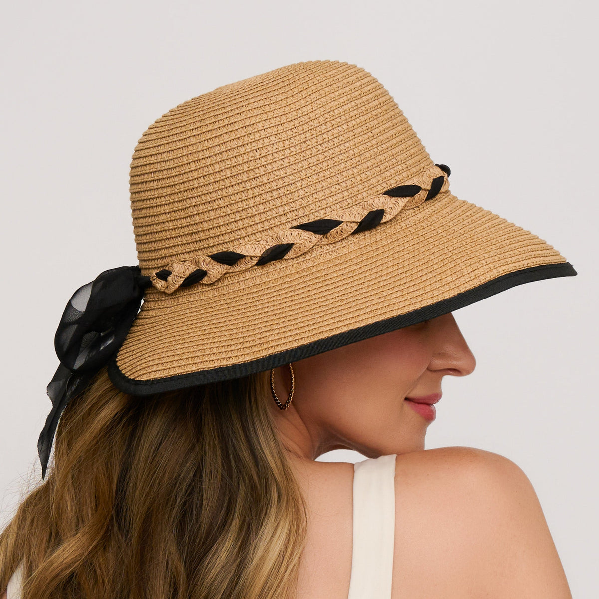 Bree Wide Brim Braided Bow Open Back Sunhat