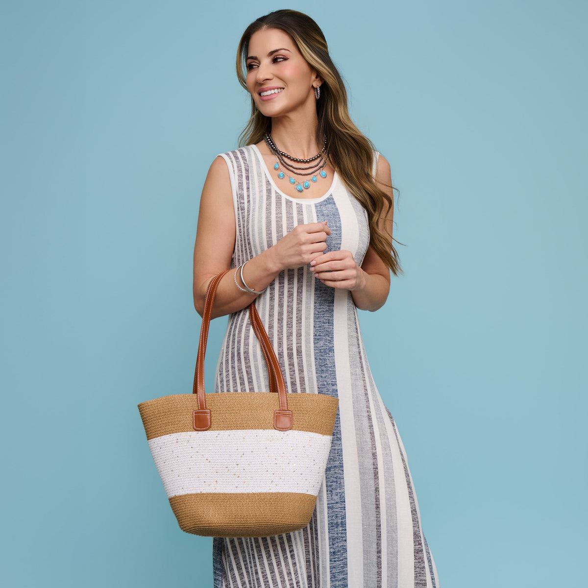 Rio Woven Sequin Color Block Tote Bag