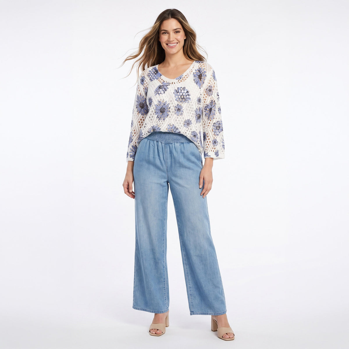 Abi Crochet Printed Open Knit Sweater
