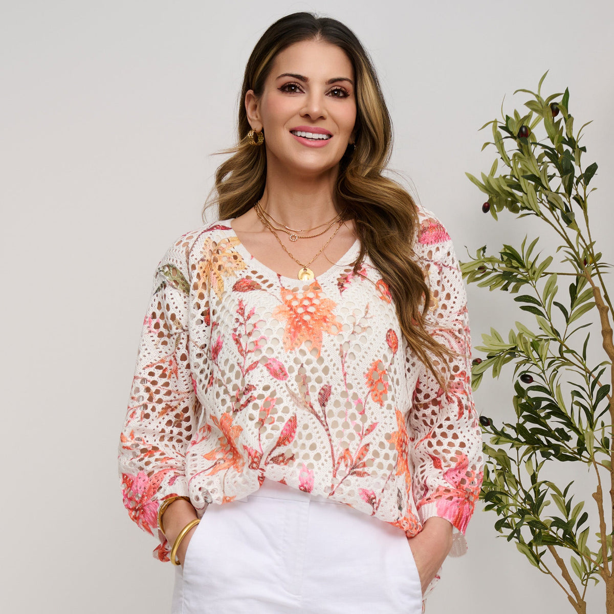 Abi Crochet Printed Open Knit Sweater