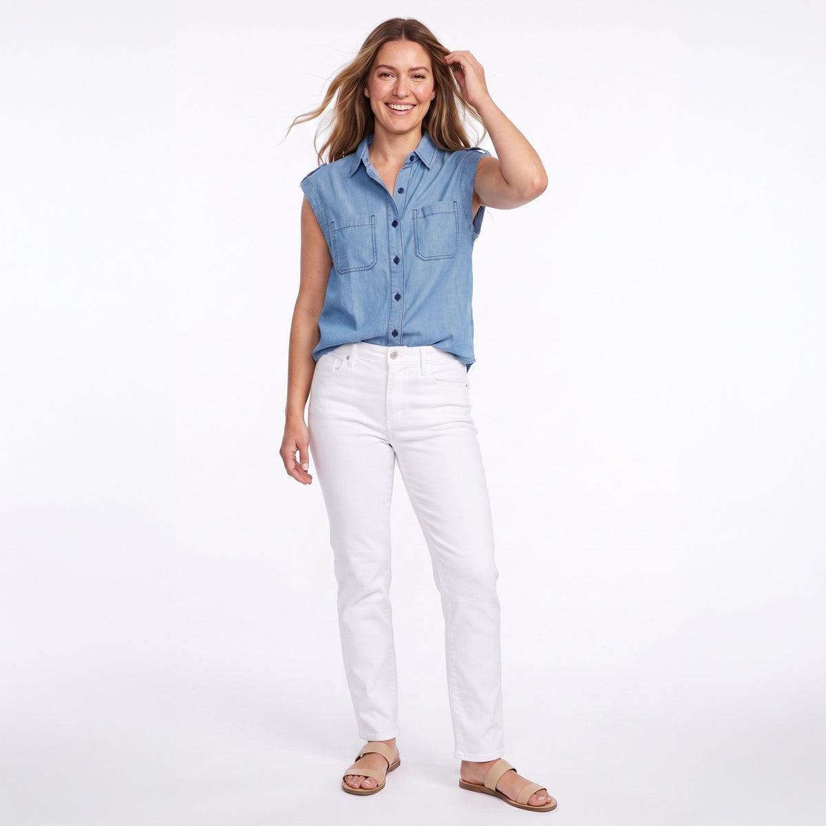 Sawyer Cap Sleeve Denim Button Up Top