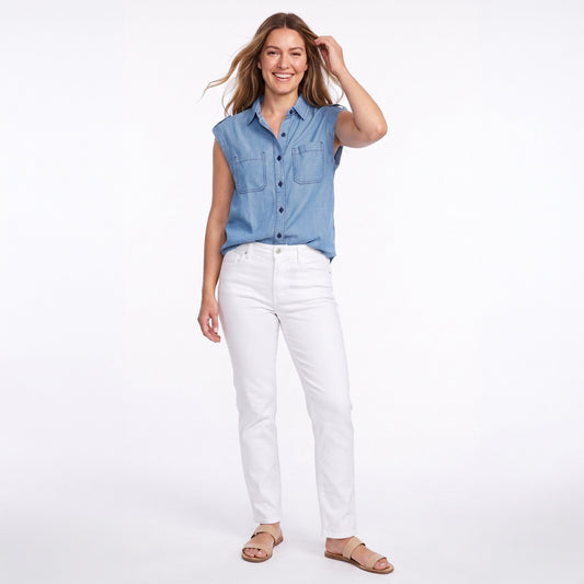 Sawyer Cap Sleeve Denim Button Up Top