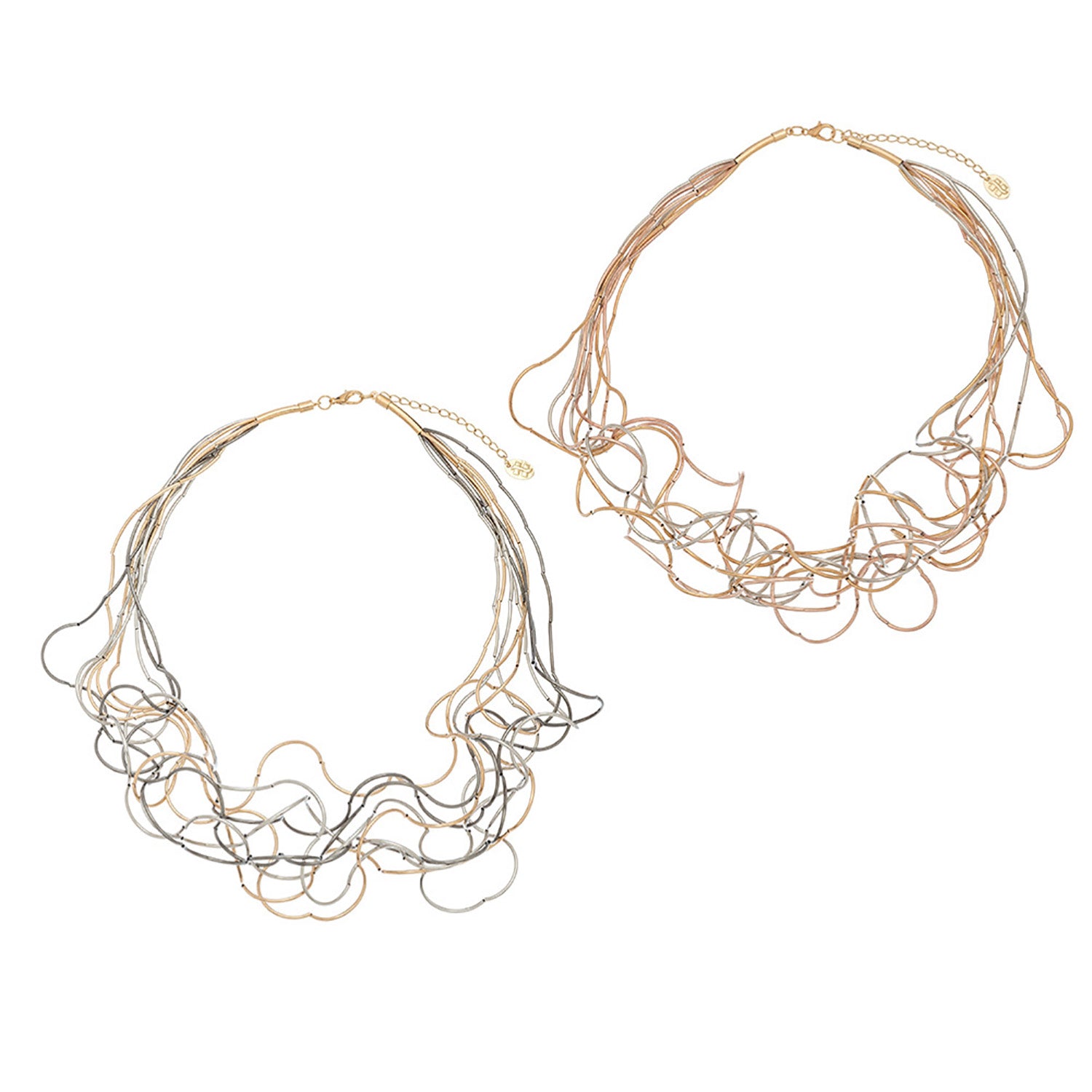 A pair of tri-tone necklaces with a soft squiggle design.