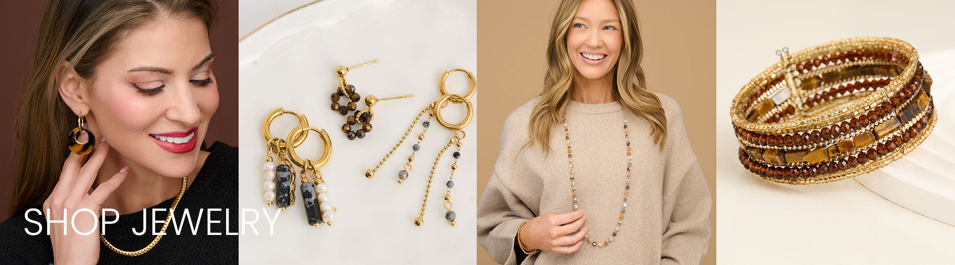 Jewelry display with earrings, necklaces, and bracelets on a neutral background.